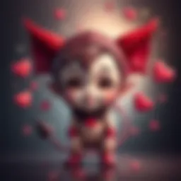A whimsical character with a small devil costume featuring horns and a playful expression, surrounded by cute elements like hearts and stars.