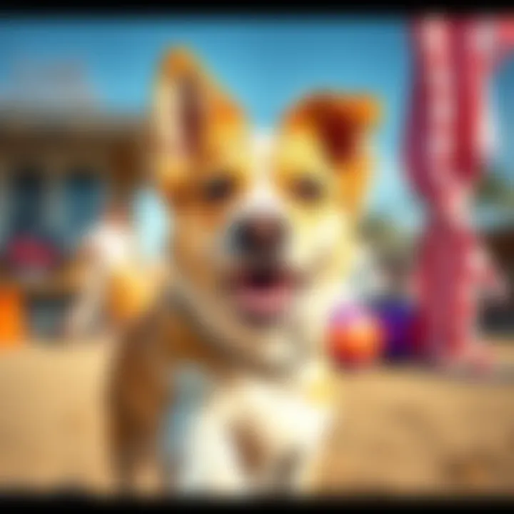 A playful dog named Merle with a silly expression, enjoying a sunny day outdoors
