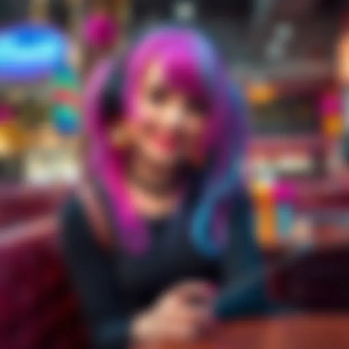 A cheerful goth girl with colorful hair, wearing quirky accessories and a playful outfit, smiling while sitting in a cozy cafe.