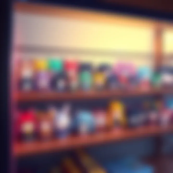 A collection of cute fumos arranged on a shelf, showing various characters from the Touhou universe, with colorful backgrounds and cheerful expressions.