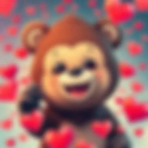 A friendly MonkeBear character with a playful smile, surrounded by hearts and a vibrant background, symbolizing its popularity in pop culture.