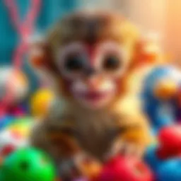 Cute Monke with Big Eyes A small, fluffy monkey with large, expressive eyes, sitting playfully and smiling at the camera, surrounded by colorful toys.