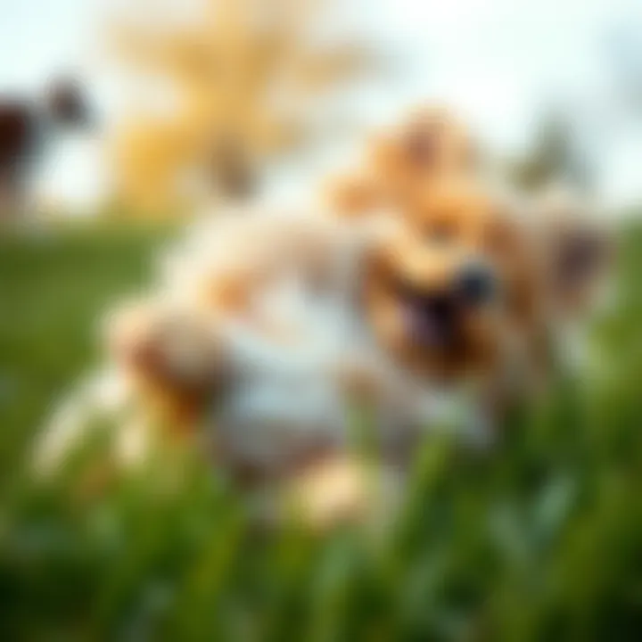 A fluffy dog playfully rolling in the grass with a big smile on its face