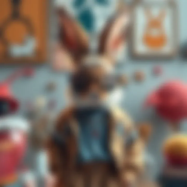 A stylish rabbit wearing trendy clothes, surrounded by art and design elements.