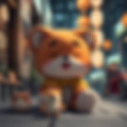 Kon, a small cute stuffed animal character, depicts humorous expressions while interacting with anime scenery.