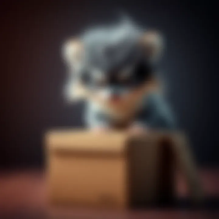 A small, fluffy animal with a fierce look, sitting next to an innocent-looking box, highlighting the contrast between appearance and menace.
