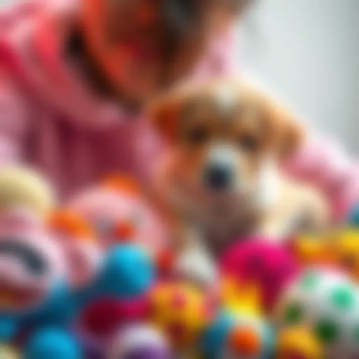 A person cuddling a cute puppy surrounded by colorful pet toys, showcasing the joy of being close to animals.