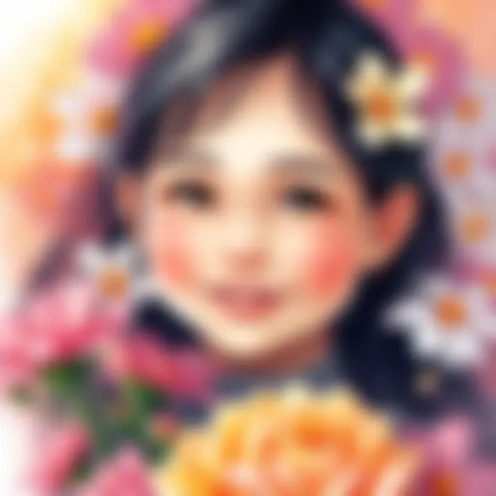 A smiling girl surrounded by colorful flowers, representing joy and friendship from the story.