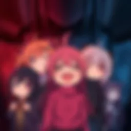 Cutesy Anime Characters A group of cute anime characters with cheerful expressions, surrounded by a dark, intense background, illustrating the contrast between lightheartedness and darker themes.