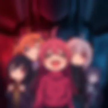 Cutesy Anime Characters A group of cute anime characters with cheerful expressions, surrounded by a dark, intense background, illustrating the contrast between lightheartedness and darker themes.