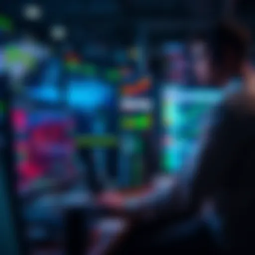 A cyber security engineer monitors digital data on multiple screens, focusing on network security threats and protection measures.