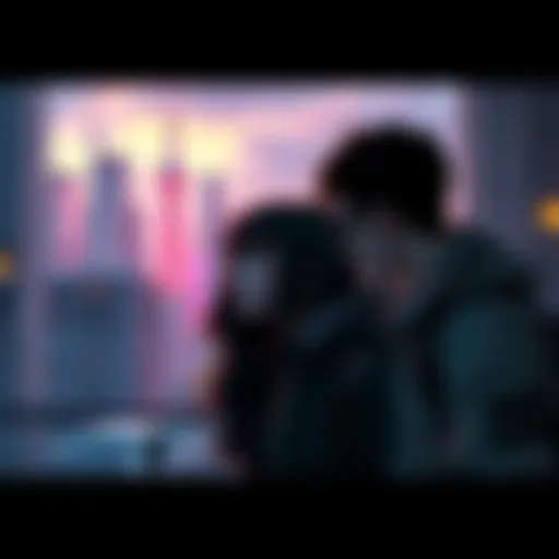 A scene showing David and Lucy in a somber moment, reflecting their struggles and emotions in a futuristic cityscape.