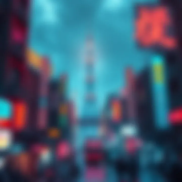 A vibrant cityscape of Japan with neon lights contrasting against war-damaged buildings, showcasing a mix of technology and history