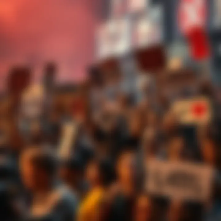 A crowd of diverse people expressing frustration and anger, holding signs that symbolize conflict and division in society.