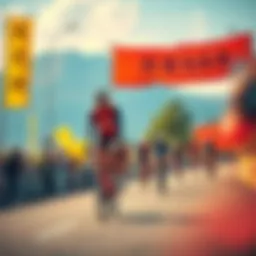 A group of cyclists riding along the scenic route from Oma to Yokohama with bright banners and cheering fans