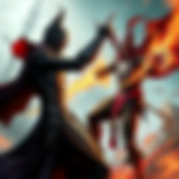 A dynamic scene featuring D and Spawn facing off in an intense confrontation, showcasing their unique powers and strong stances.