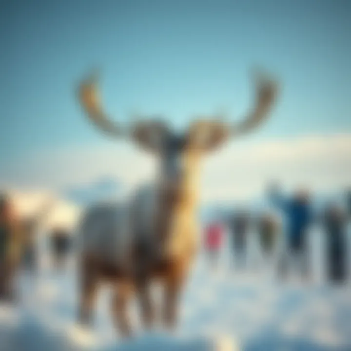 Da Goat, an impressive reindeer with unique antlers, stands in a snowy field, surrounded by cheerful people celebrating its popularity in 2025.