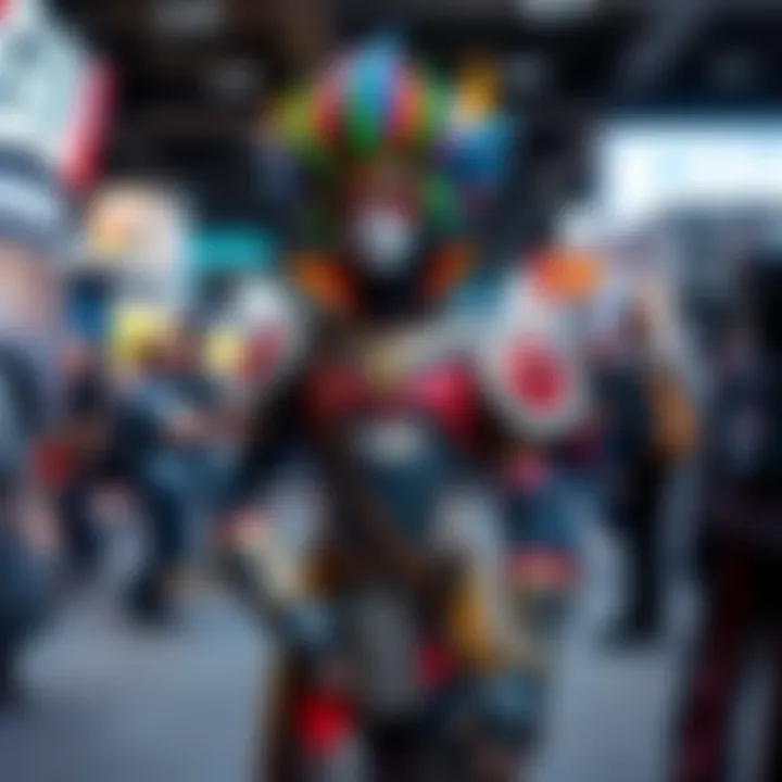 A person in a detailed Dabi costume stands confidently at a convention, showcasing intricate features and vibrant colors.