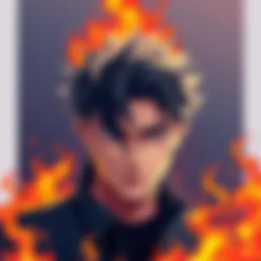 Dabi Character Portrait A striking illustration of Dabi with his signature dark hair and intense gaze, showcasing his unique style and charm, surrounded by flames.