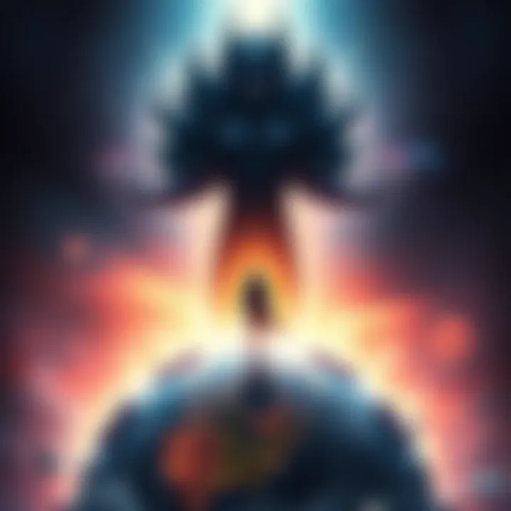 Dabura, a character with a dark aura, appears in a vibrant landscape as he comes back to Earth, surrounded by energy and light.