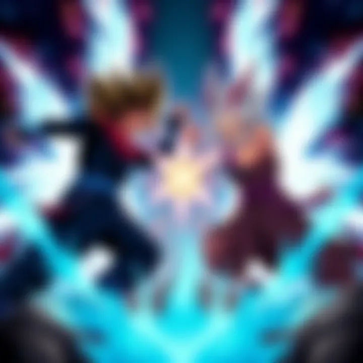 An intense battle scene featuring Dabura facing off against Gojo and Sukuna in a dynamic fight, highlighting their powers and abilities.