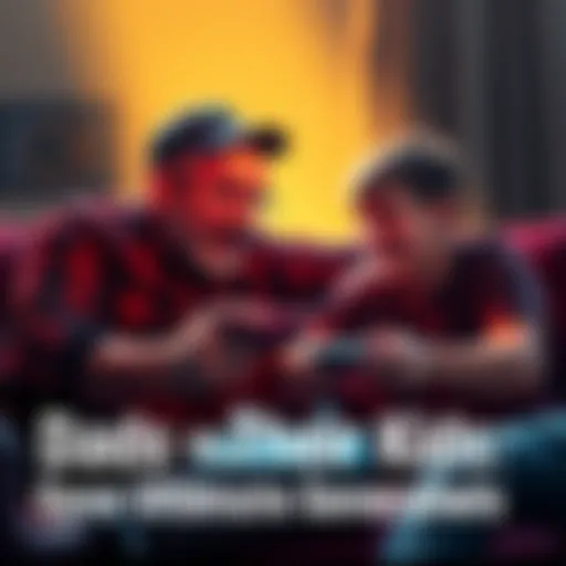 A dad and his child playfully arguing over a game console, showcasing their different generations and humorous rivalry.