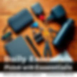 Daily Essentials A selection of practical tools and items for everyday convenience, including a planner, water bottle, and multi-tool, arranged neatly on a wooden table.