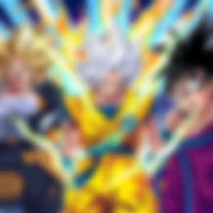An illustration featuring Daima Goku with fusion characters showcasing their unique designs and powers