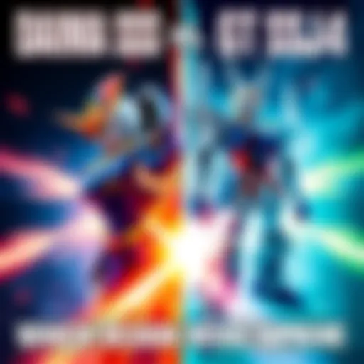 A split image showing Daima SSJ4 on one side with ape-like features and vibrant colors, and GT SSJ4 on the other with a powerful stance and sleek design.