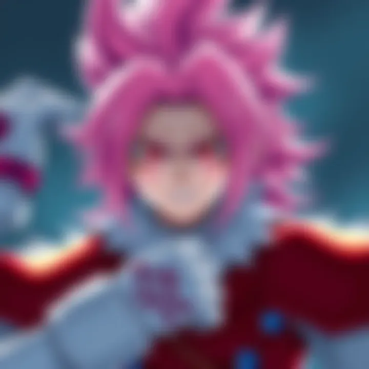 A character with pinkish hair and red eyes, featuring large forearms and unique fur details, showcasing a critique of the design elements.