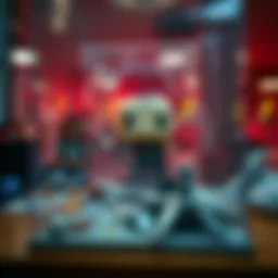 A damaged Funko Pop figure signed by Justin Briner sits in a broken display case, with a sibling looking upset nearby.