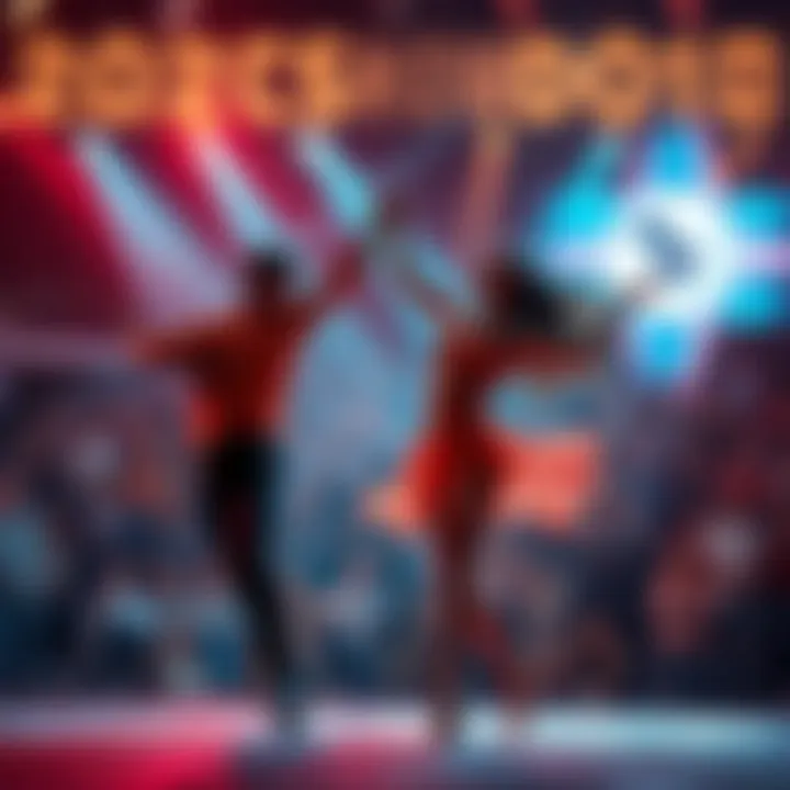 Two dancers showcasing their skills on stage during a dance competition in 2025, with an excited audience in the background