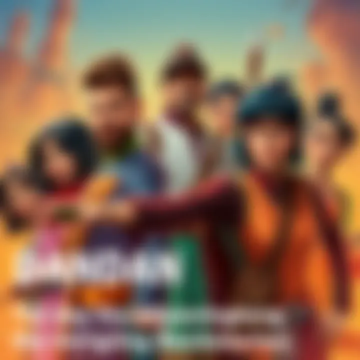 A group of diverse characters from Dandadan, each showcasing their unique styles and defining features, set against a colorful backdrop.