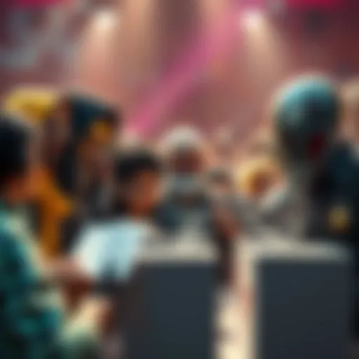 A group of characters from Dandadan facing off as people cast votes in a lively poll setting.