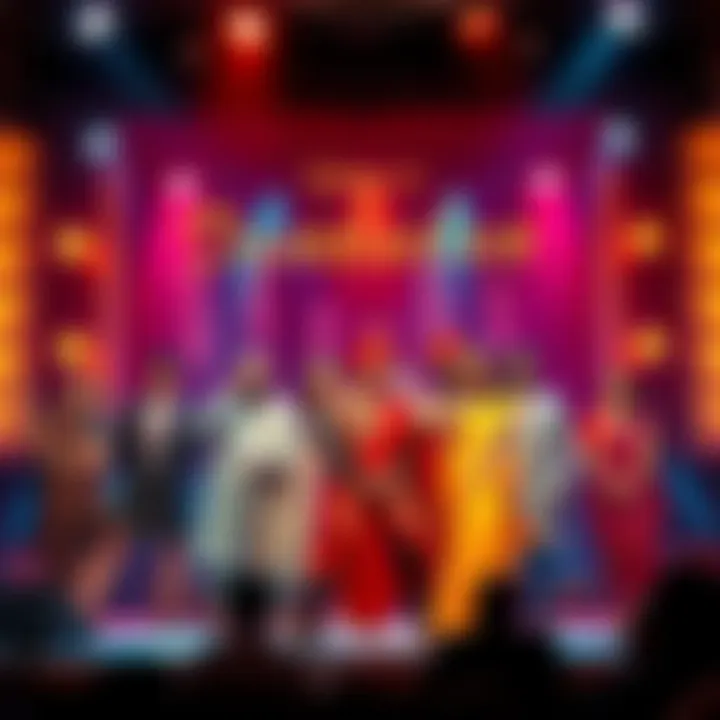 The cast of the Dandadan stage play performing on stage, showcasing their characters in a vibrant set.