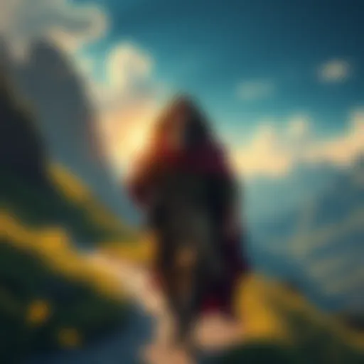 A portrait of Dante walking a winding path through varied landscapes, symbolizing life's struggles and joys.