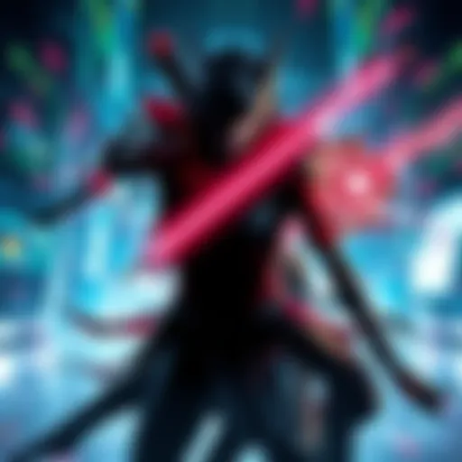 Dante and Bayonetta face off in an intense gaming duel, showcasing their powers and skills, surrounded by a vibrant gaming backdrop.