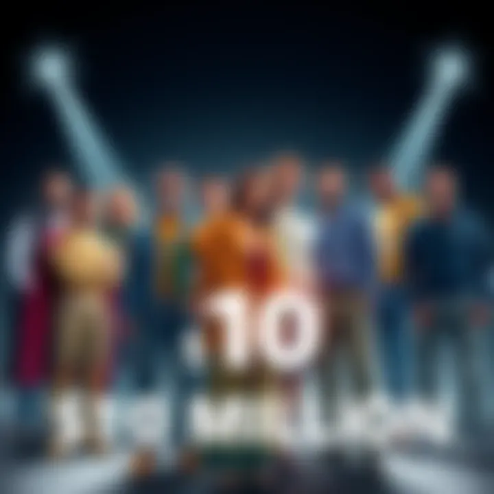 A group of diverse characters standing together, considering a large cash reward. Each character looks unique and confident, indicating their worth in a challenging selection process. The scene is dra...