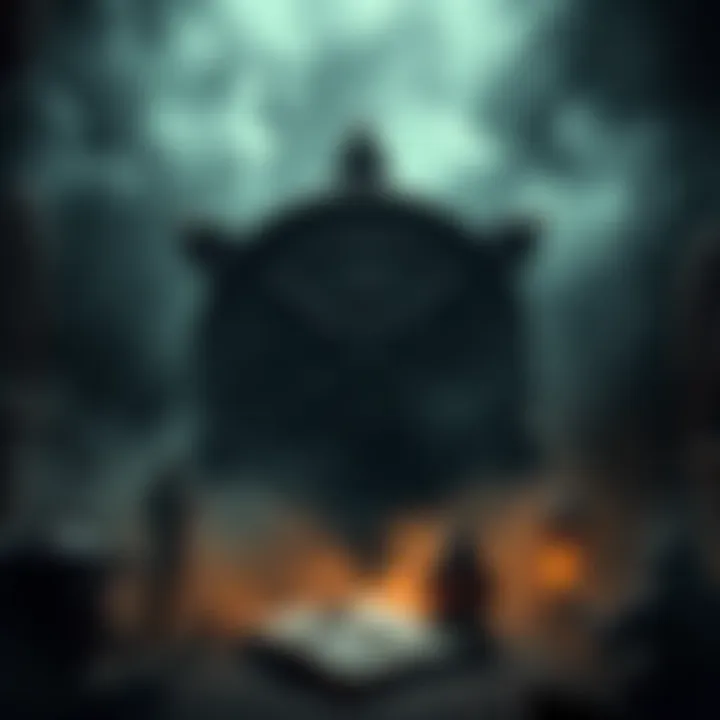 A shadowy symbol representing a curse, surrounded by eerie mist and ancient artifacts.