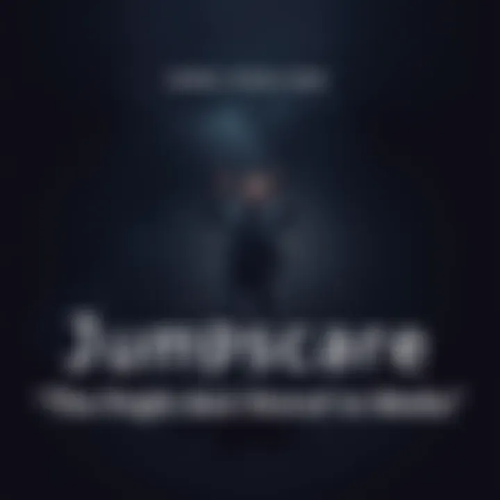 A scene from a horror movie showing a person jumping in shock at a jump scare, with eerie shadows and dim lighting