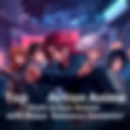 A group of anime characters with intense expressions, featuring a backdrop of a dark cityscape, showcasing elements of romance and action.