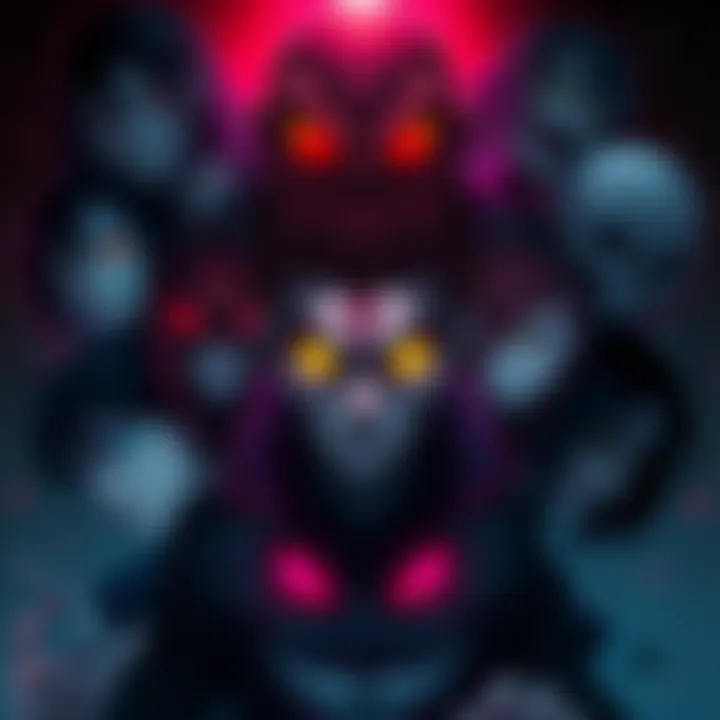 A collage of various dark themed anime characters with eerie expressions and haunting backgrounds.