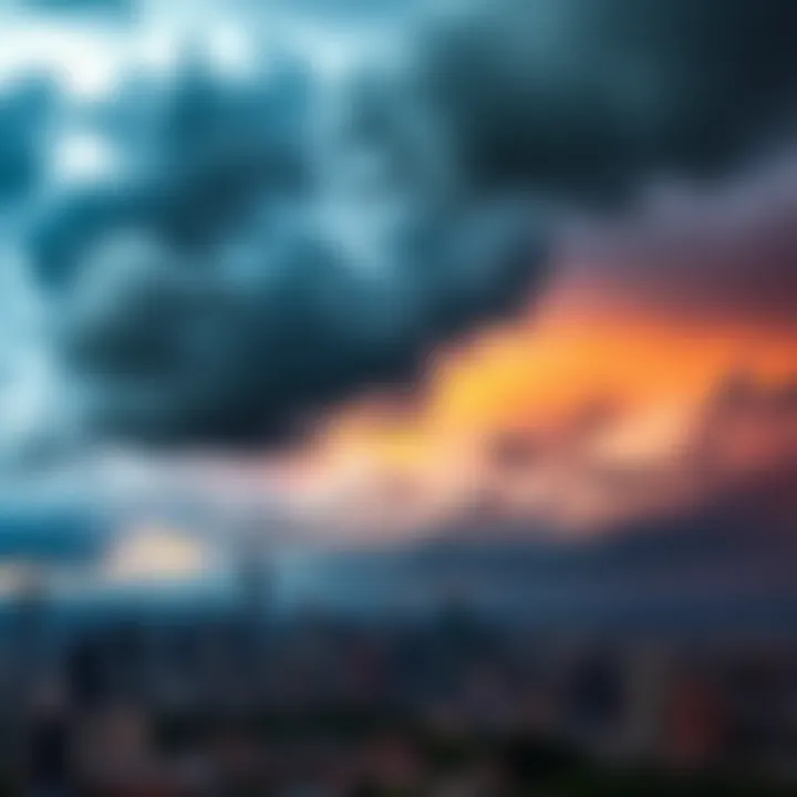 A city skyline under dark clouds, symbolizing life's challenges and unpredictability