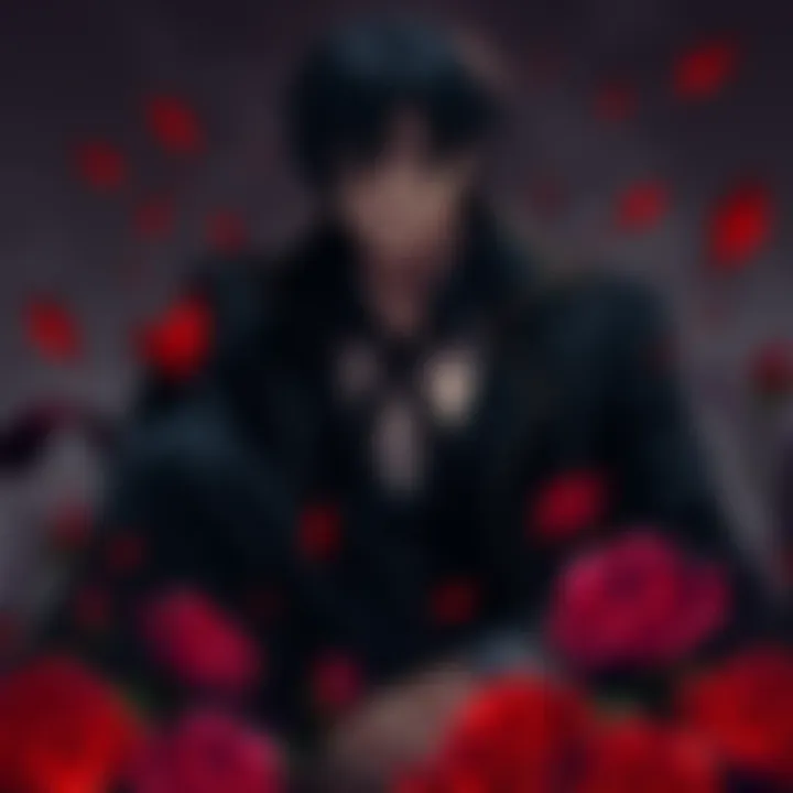 A dark and intense illustration featuring a brooding character resembling Levi, surrounded by romantic elements like roses and shadows, evoking a passionate atmosphere.