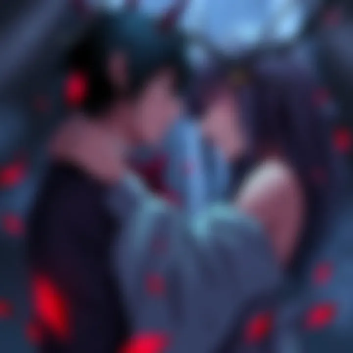 Two dark romance anime characters in a tense embrace, surrounded by a moody atmosphere.