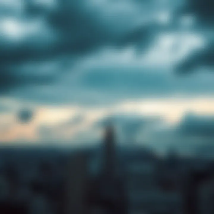 A city skyline under dark, cloudy skies, symbolizing uncertainty about the future.