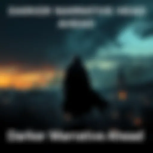 A shadowy figure looms over a town under a dark sky, symbolizing a shift to a darker storyline, hinting at challenges ahead.