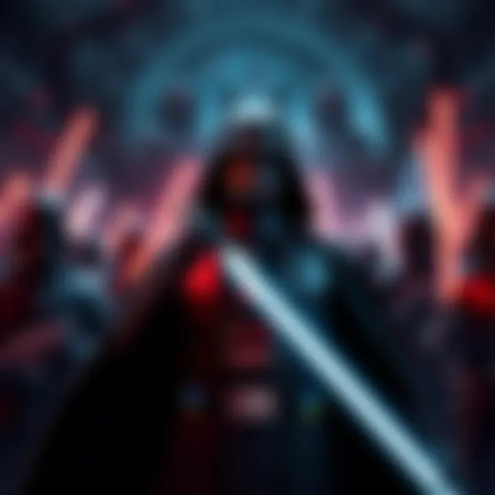 Darth Vader facing a group of foes in an intense battle scene