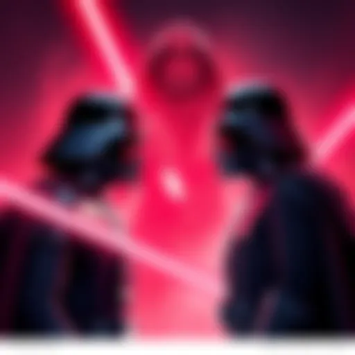 Darth Vader in black armor and helmet stands opposite Magnus the Red, a towering figure with red skin and psychic abilities, both ready for battle.
