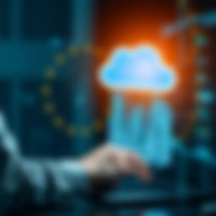 Data Backup Strategy A person using a laptop to back up data with a cloud icon above, symbolizing data security and resilience.